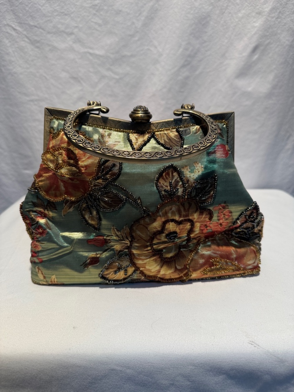 Floral Embroidered Frame-Top Evening Clutch in Teal and Gold